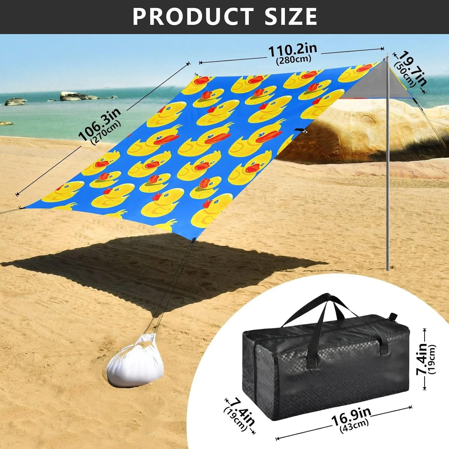Cute Yellow Ducks Print Blue Beach Canopy Tent Outdoor Patio Sun Shade Decorative Portable Camping Shelter 9.2 × 10.5 FT Sunshade with Sand Anchor Poles