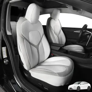 CZCGYDY Seat Covers for Tesla Model Y,Car Seat Covers Full Set Custom Fit for Model Y 2023 2022 2021 2020,Airbag Compatible,Full Surround,Breathable Leather,Easy to Clean(White&Grey)