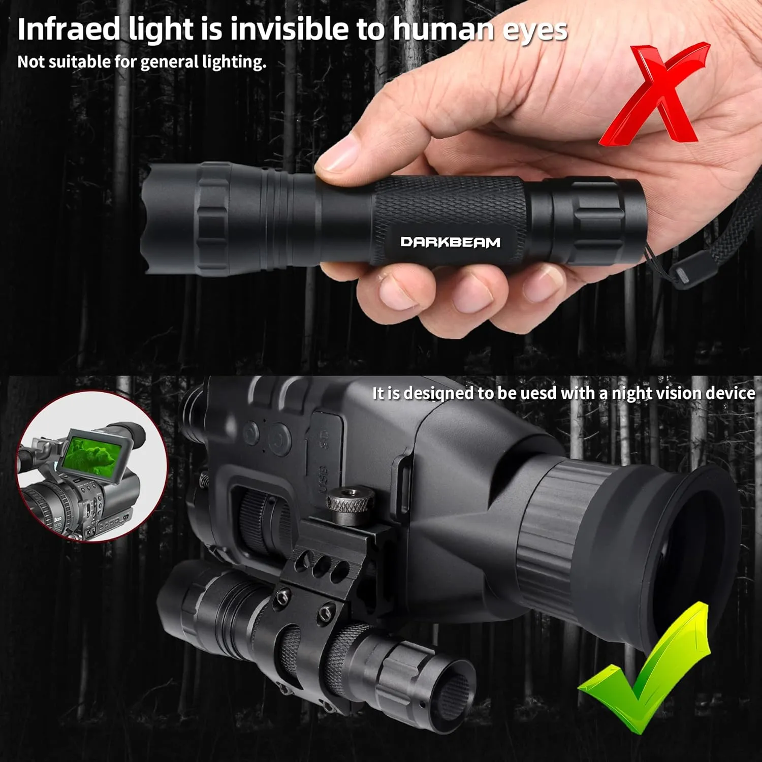DARKBEAM ir Flashlight Infrared 940nm Light LED Rechargeable Mini for Night Vision, Tactical ir Illuminator with Long Range & High Power, Focus Adjustable for Hunting, Observation, Search