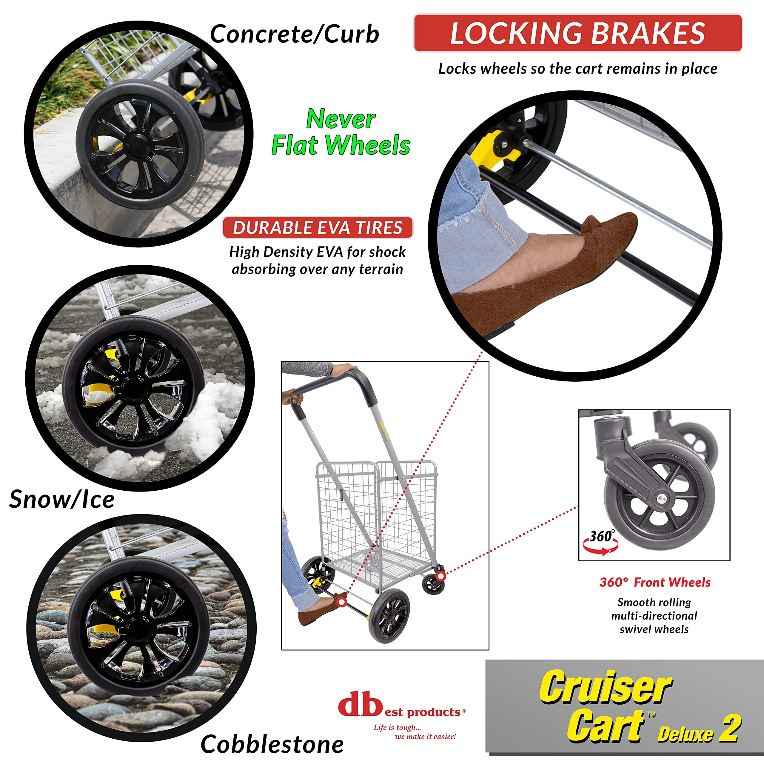 dbest products Cruiser Cart Deluxe 2 Shopping Grocery Rolling Folding Laundry Basket on Wheels Foldable Utility Trolley Compact Lightweight Collapsible, Silver