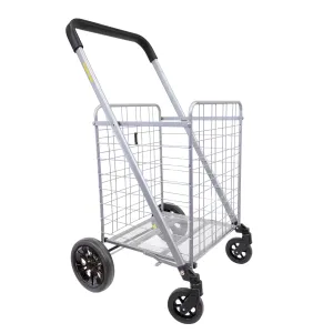 dbest products Cruiser Cart Deluxe 2 Shopping Grocery Rolling Folding Laundry Basket on Wheels Foldable Utility Trolley Compact Lightweight Collapsible, Silver