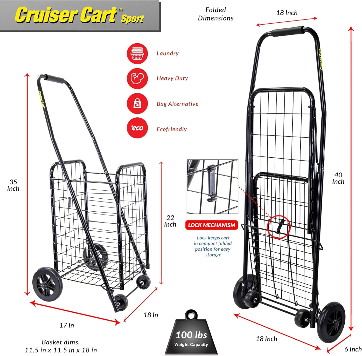 dbest products Cruiser Cart Sport Shopping Grocery Rolling Folding Laundry Basket on Wheels Foldable Utility Trolley Compact Lightweight Collapsible, Black