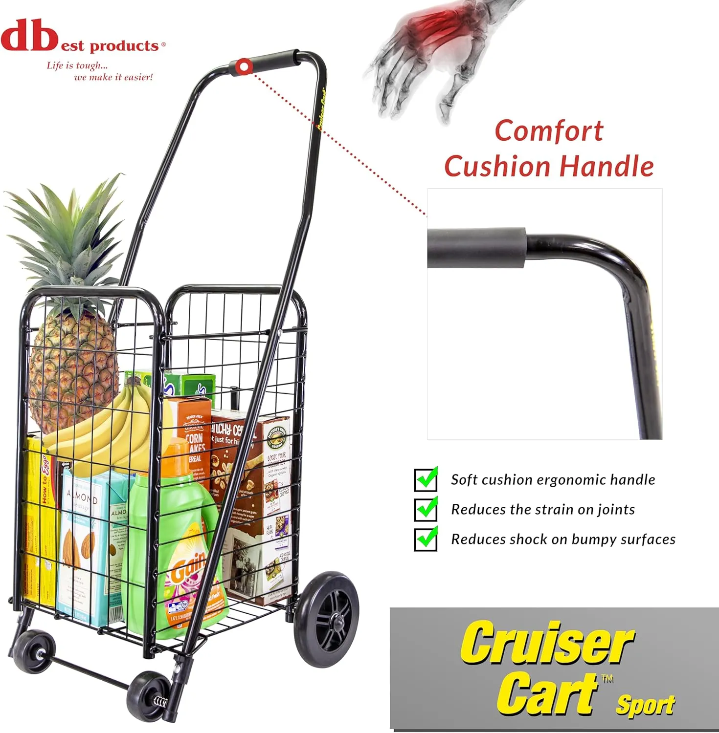 dbest products Cruiser Cart Sport Shopping Grocery Rolling Folding Laundry Basket on Wheels Foldable Utility Trolley Compact Lightweight Collapsible, Black
