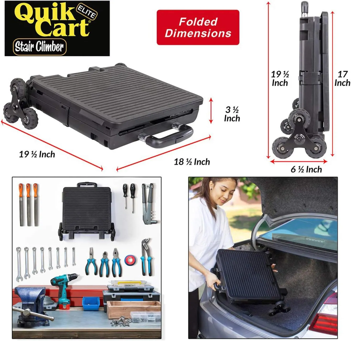 dbest products Quik Cart Elite Stair Climber Wheeled Rolling Crate Teacher Utility With seat Heavy Duty Collapsible Basket With Handle, Black
