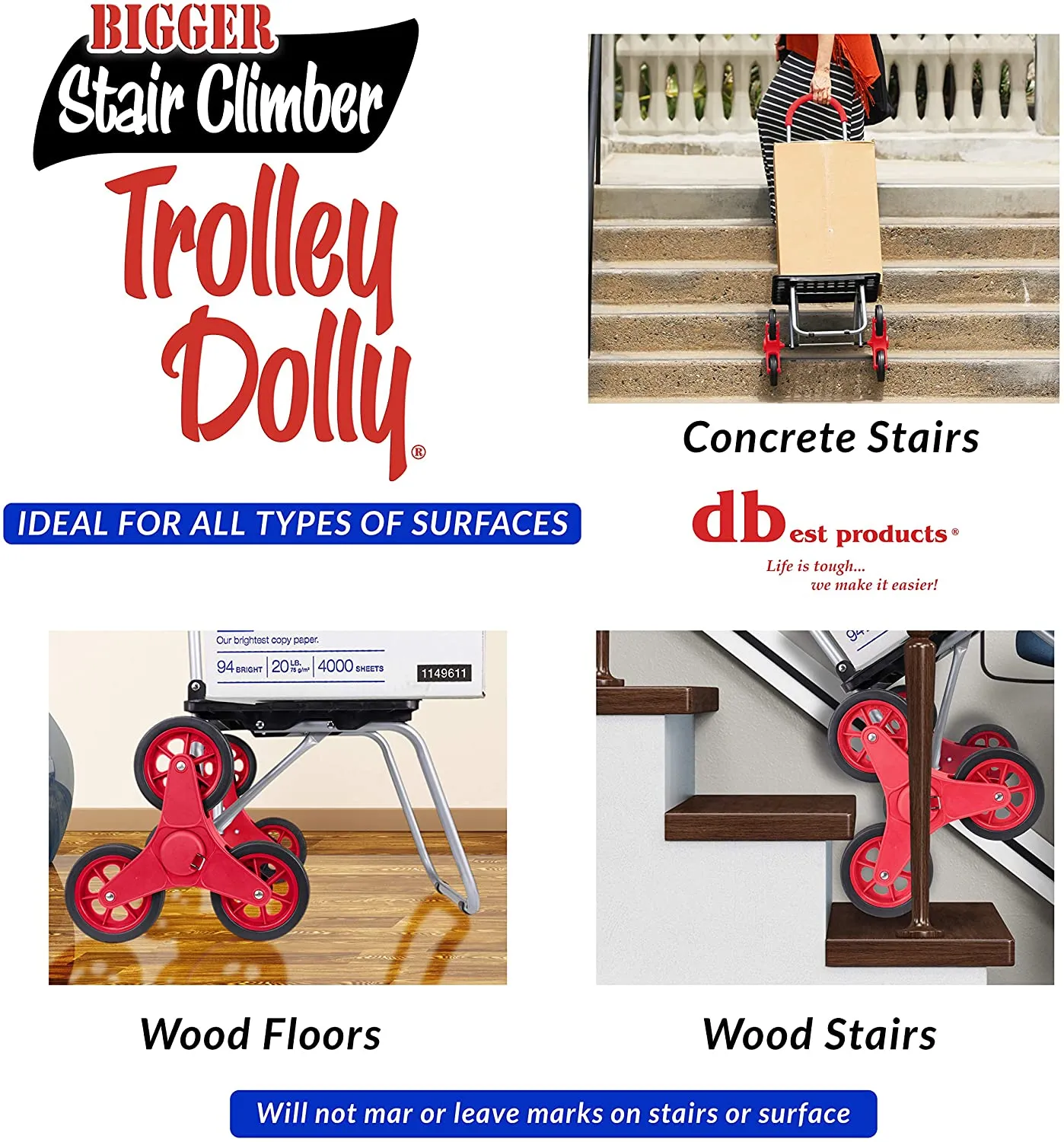 Dbest products Stair Climber Bigger Trolley Dolly Shopping Cart, Red Shopping Grocery Foldable Cart Condo Apartment