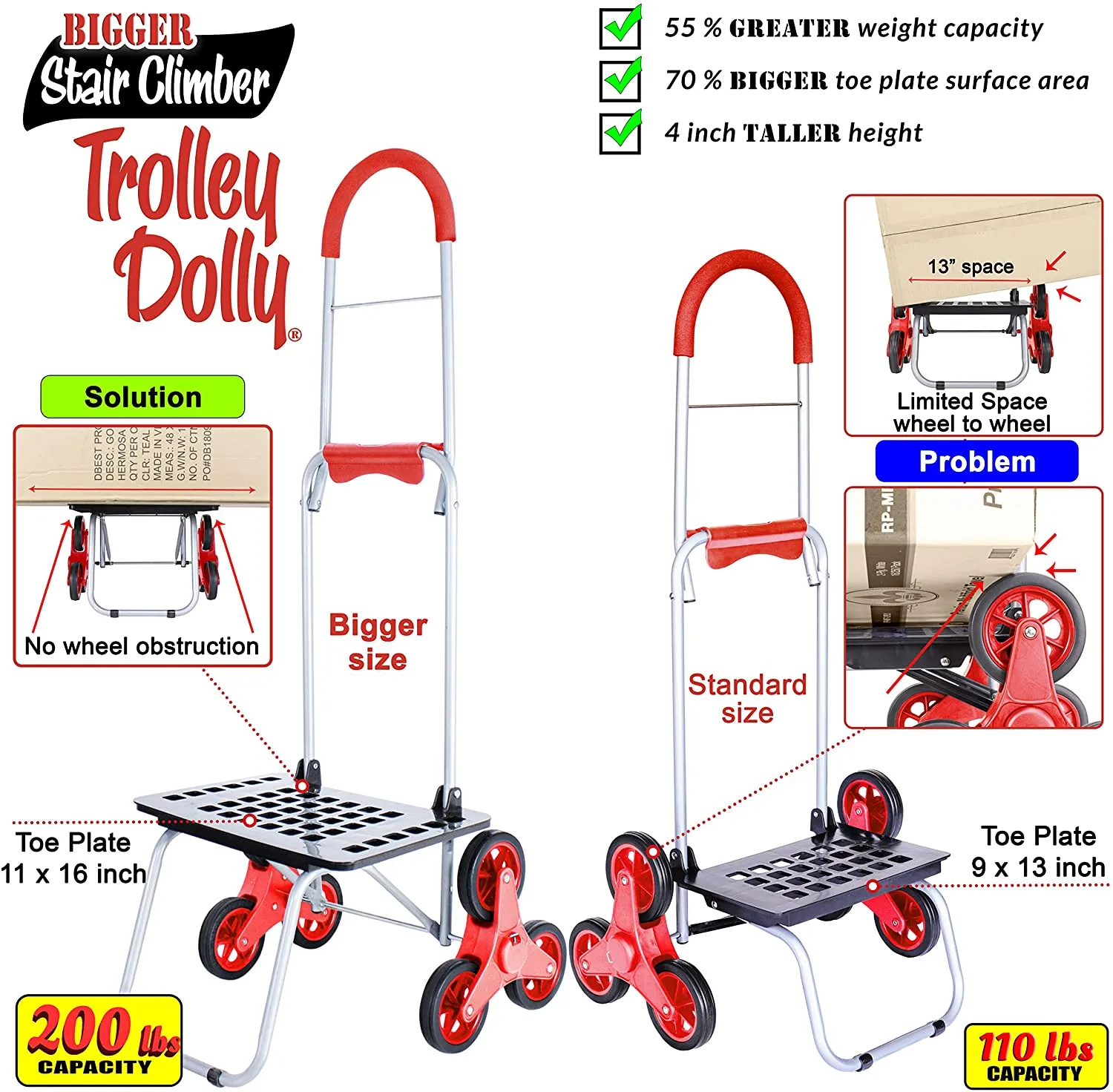 Dbest products Stair Climber Bigger Trolley Dolly Shopping Cart, Red Shopping Grocery Foldable Cart Condo Apartment