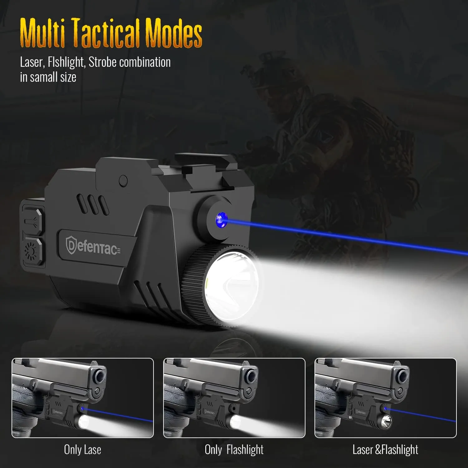 DEFENTAC 680 Lumens Pistol Light Laser Combo, Strobe Tactical Flashlight with Blue Beams for Compact Guns W/a Rail, Rechargeable, Adjustable (680 Lumens, 680lm Blue Laser Light Combo)