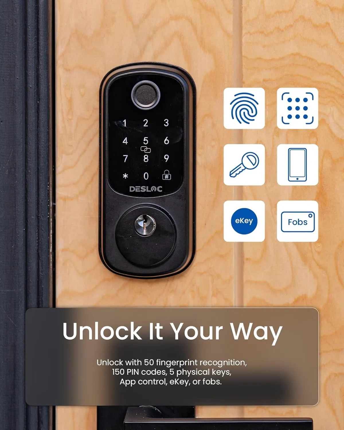 DESLOC B200 Fingerprint Smart Door Lock, Keyless Entry Door Lock, App Control, Smart Locks for Front Door, Smart Deadbolt Lock, Touchscreen Keypad, Emergency Power Port, 12 Months Battery, IP54