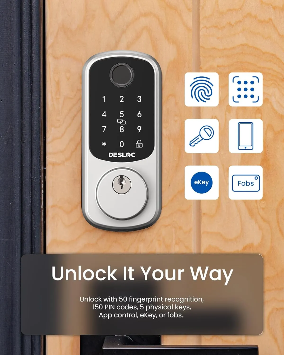 DESLOC B200 Fingerprint Smart Door Lock, Keyless Entry Door Lock, App Control, Smart Locks for Front Door, Smart Deadbolt Lock, Touchscreen Keypad, Emergency Power Port, 12 Months Battery, Silver