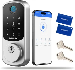 DESLOC B200 Fingerprint Smart Door Lock, Keyless Entry Door Lock, App Control, Smart Locks for Front Door, Smart Deadbolt Lock, Touchscreen Keypad, Emergency Power Port, 12 Months Battery, Silver