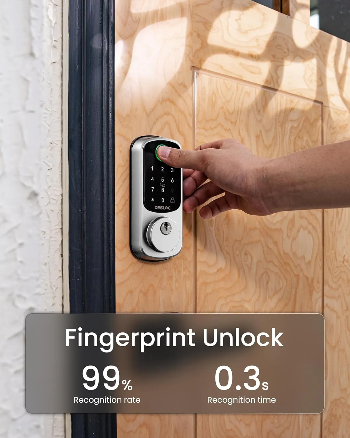 DESLOC B200 Fingerprint Smart Door Lock, Keyless Entry Door Lock, App Control, Smart Locks for Front Door, Smart Deadbolt Lock, Touchscreen Keypad, Emergency Power Port, 12 Months Battery, Silver