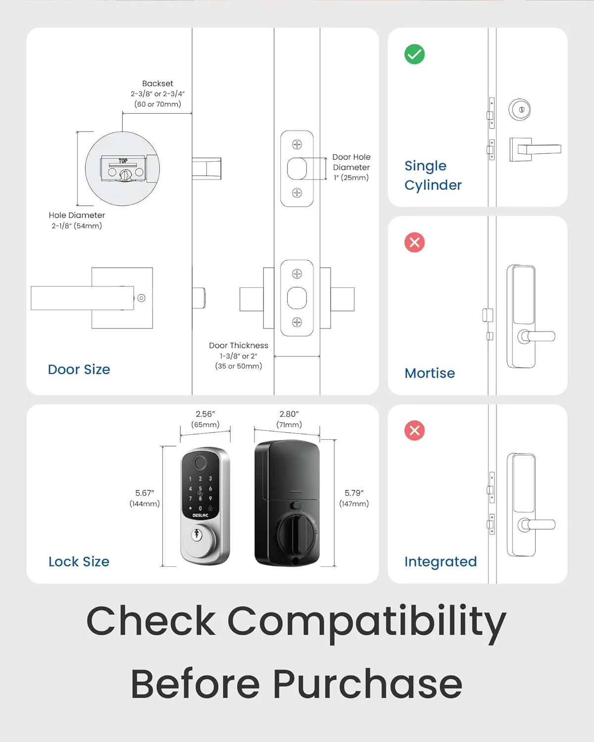 DESLOC B200 Fingerprint Smart Door Lock, Keyless Entry Door Lock, App Control, Smart Locks for Front Door, Smart Deadbolt Lock, Touchscreen Keypad, Emergency Power Port, 12 Months Battery, Silver