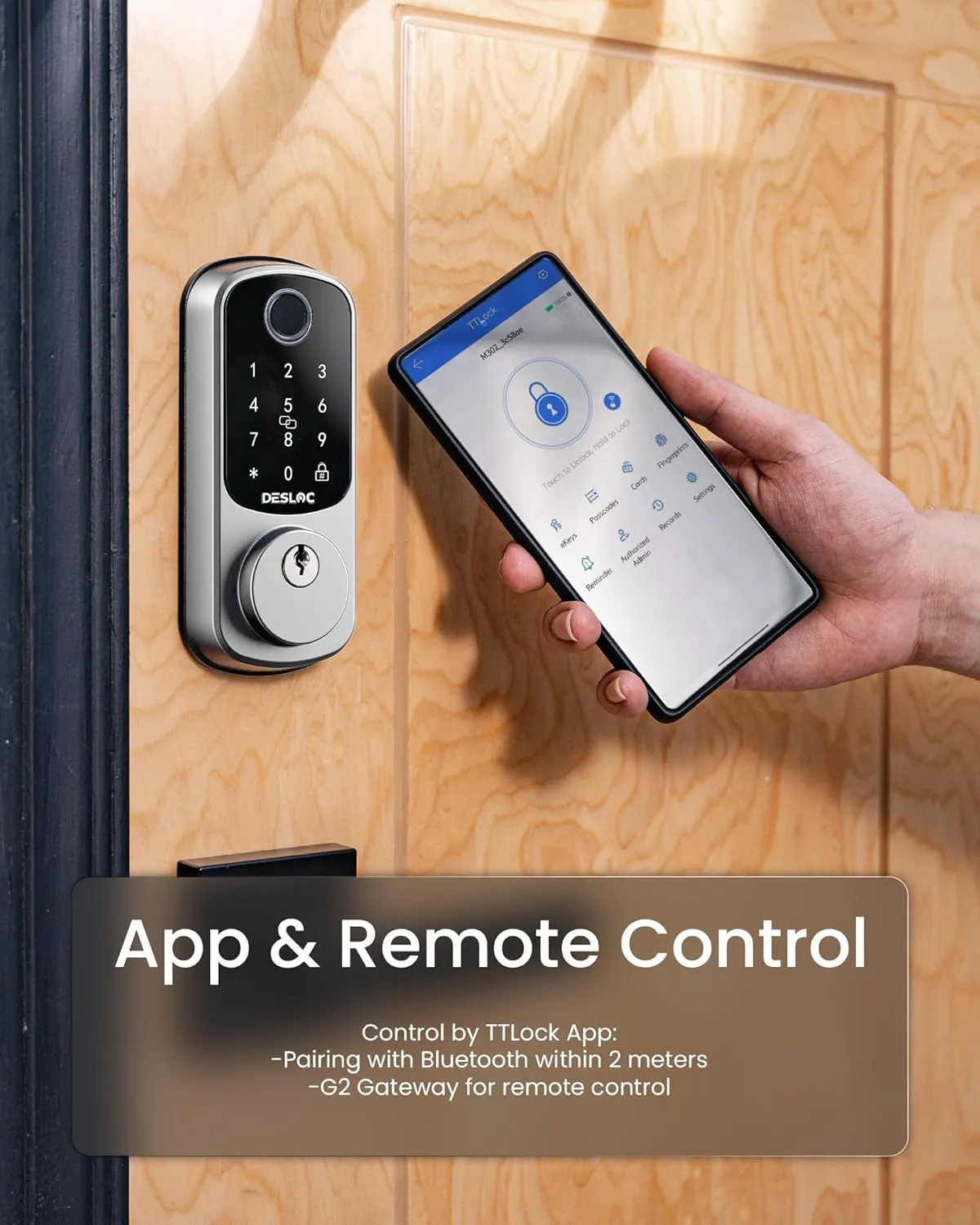 DESLOC B200 Fingerprint Smart Door Lock, Keyless Entry Door Lock, App Control, Smart Locks for Front Door, Smart Deadbolt Lock, Touchscreen Keypad, Emergency Power Port, 12 Months Battery, Silver