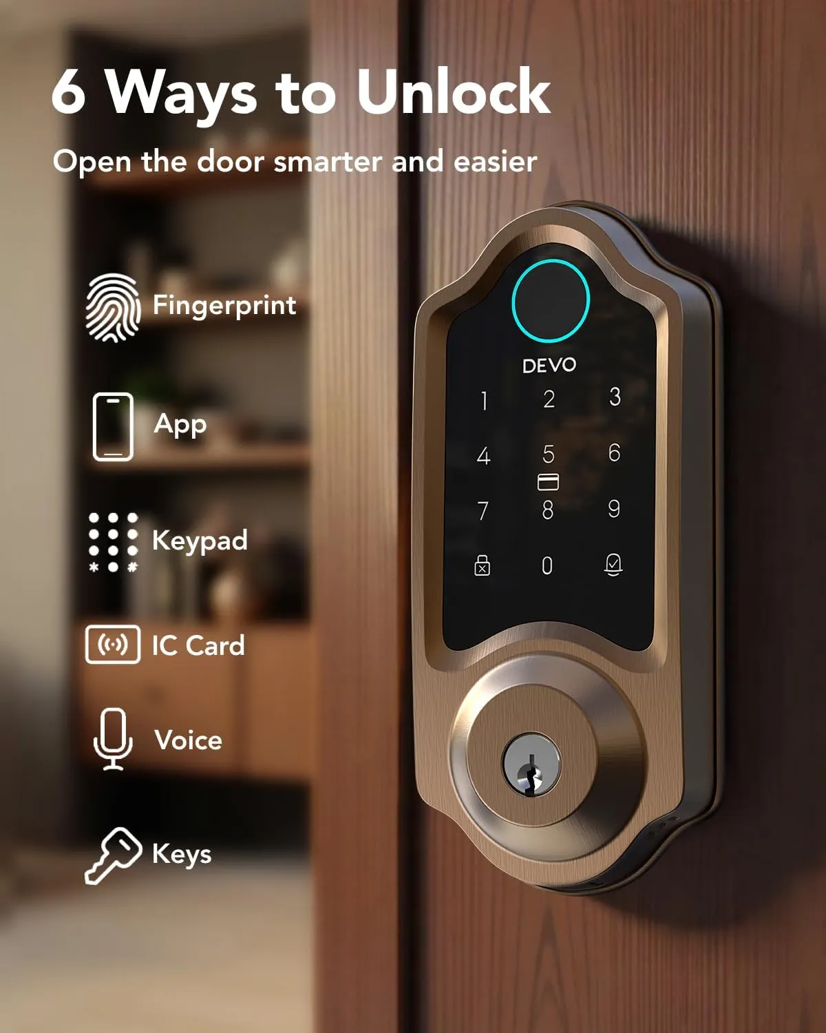 Devo G8 Smart Lock, Fingerprint Door Lock with Code, 6-in-1 Keyless Entry Door Lock, Smart Locks for Front Door, Built-in WiFi Deadbolt, App Remote Control, Touchscreen Keypad, 8 Months Battery