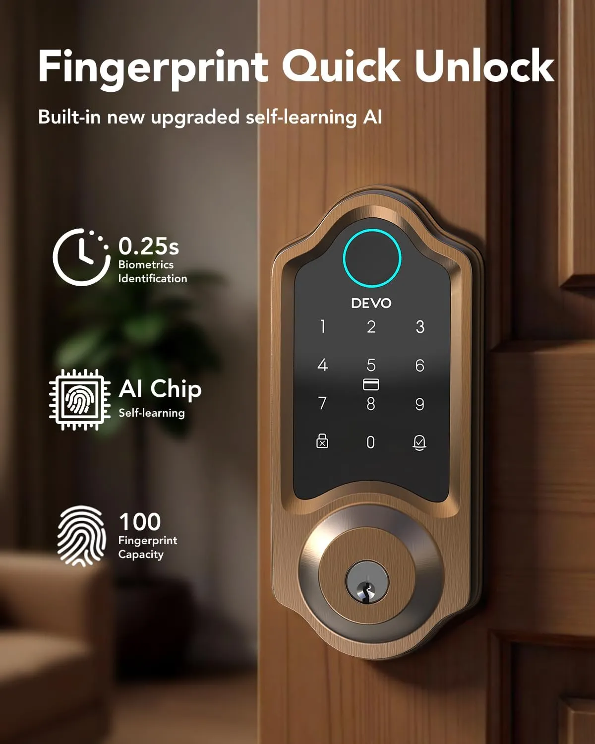 Devo G8 Smart Lock, Fingerprint Door Lock with Code, 6-in-1 Keyless Entry Door Lock, Smart Locks for Front Door, Built-in WiFi Deadbolt, App Remote Control, Touchscreen Keypad, 8 Months Battery
