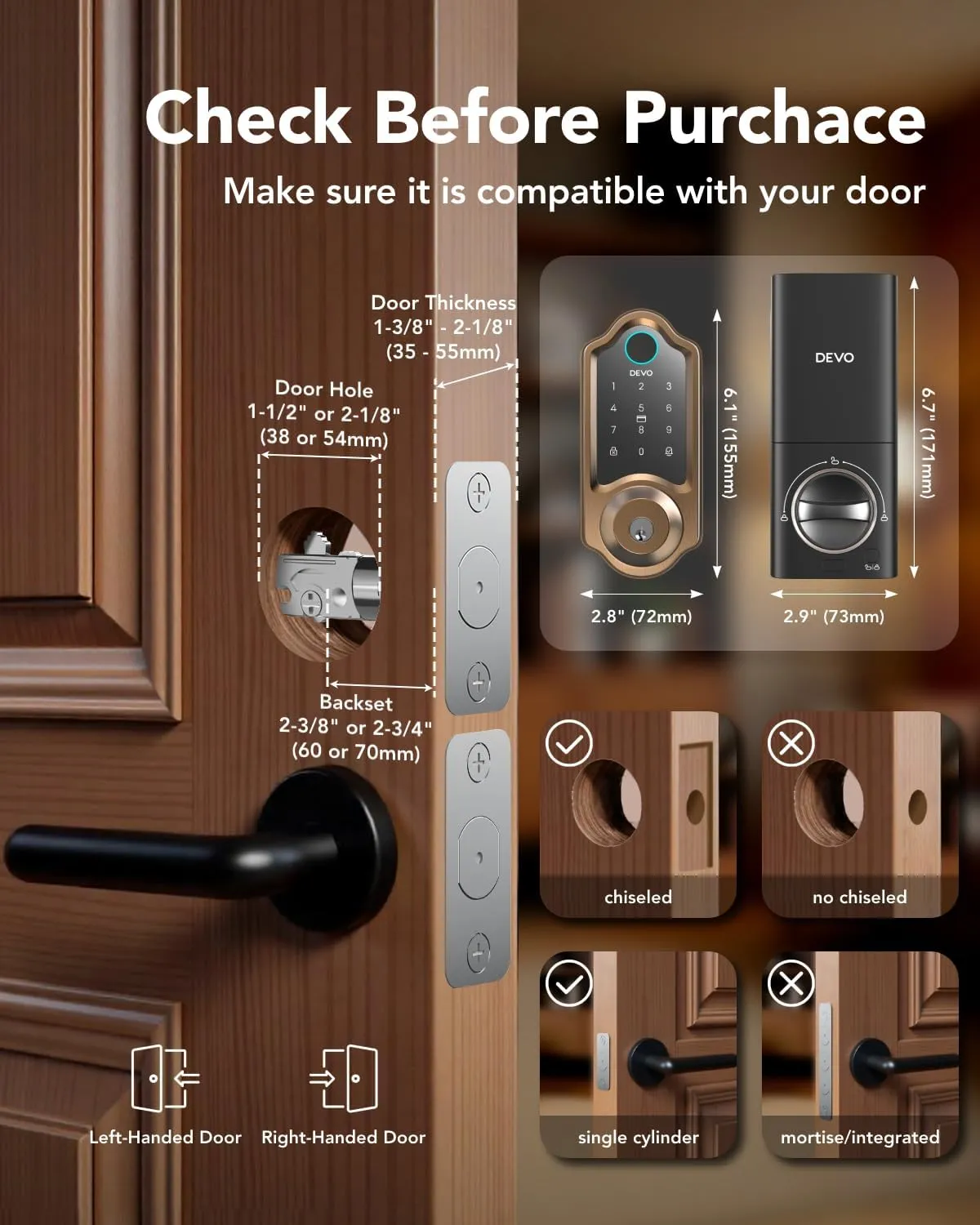 Devo G8 Smart Lock, Fingerprint Door Lock with Code, 6-in-1 Keyless Entry Door Lock, Smart Locks for Front Door, Built-in WiFi Deadbolt, App Remote Control, Touchscreen Keypad, 8 Months Battery