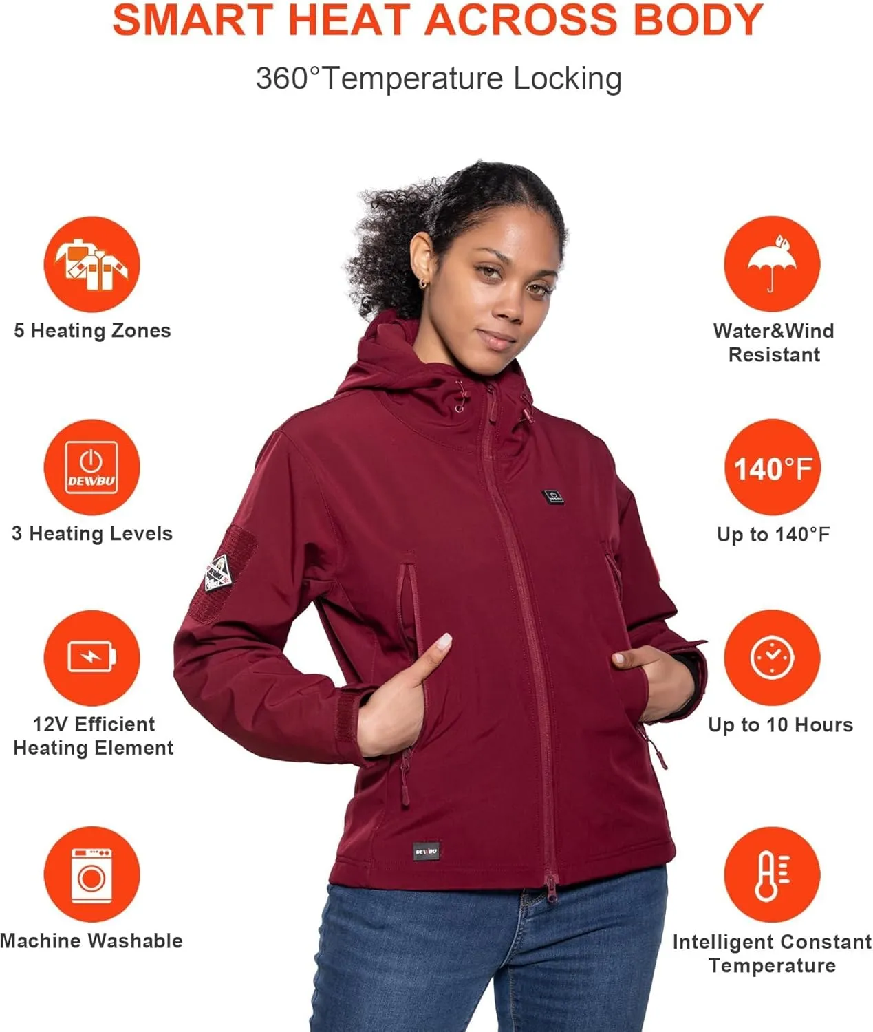 DEWBU Heated Jacket for Women with 12V Battery Pack Winter Outdoor Soft Shell Electric Heating Coat
