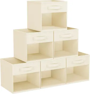 DIMJ Cube Storage Bin, 6 Packs Collapsible Storage Bins with Handles, Fabric Bins for Organization, Cube Storage Organizer Bins for Closet Organization and Storage, Beige