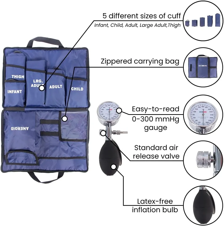 Dixie EMS Aneroid Sphygmomanometer Kit, Manual Blood Pressure Monitor Set with 5 Cuffs for Infant, Child, Adult, Large Adult, Thigh, & Carrying Case – Blue