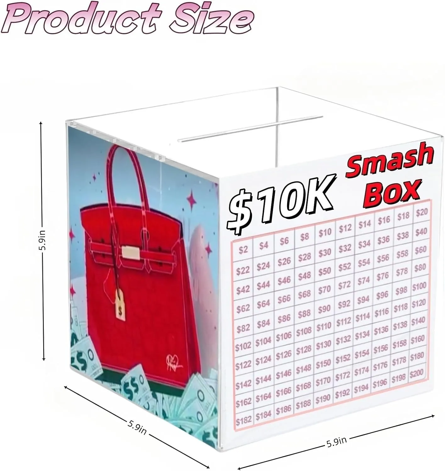 DIY Smash Box for Money 10k - Durable Acrylic Savings Cash Box for Cash, Buckle Design Ideal for Cash Savings Box, Transparent Secure and Portable Digital Planner. (Red)