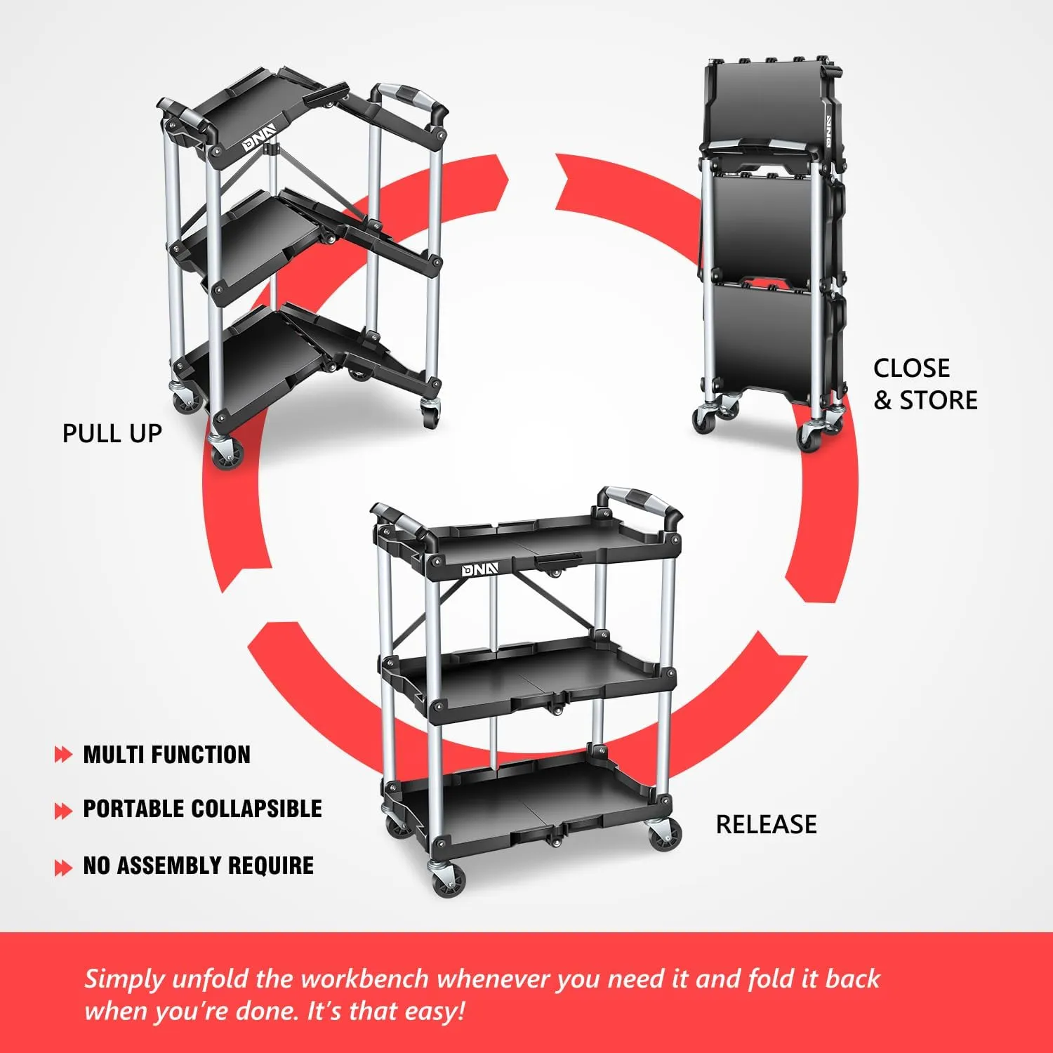 DNA MOTORING 3 Tier Folding Rolling Service Cart, 265lbs Capacity Collapsible Utility Cart for Warehouse, Workshops, Restaurants, w/ 360° Swivel Wheels, Black, Tools-00430