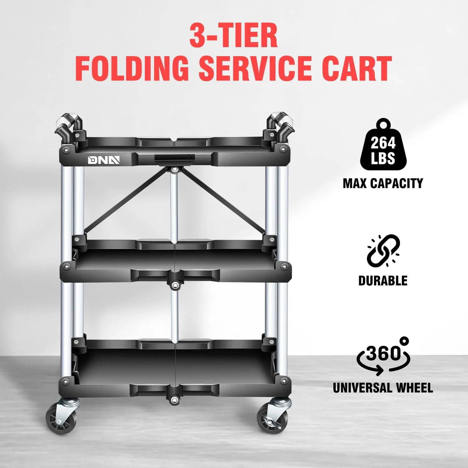 DNA MOTORING 3 Tier Folding Rolling Service Cart, 265lbs Capacity Collapsible Utility Cart for Warehouse, Workshops, Restaurants, w/ 360° Swivel Wheels, Black, Tools-00430