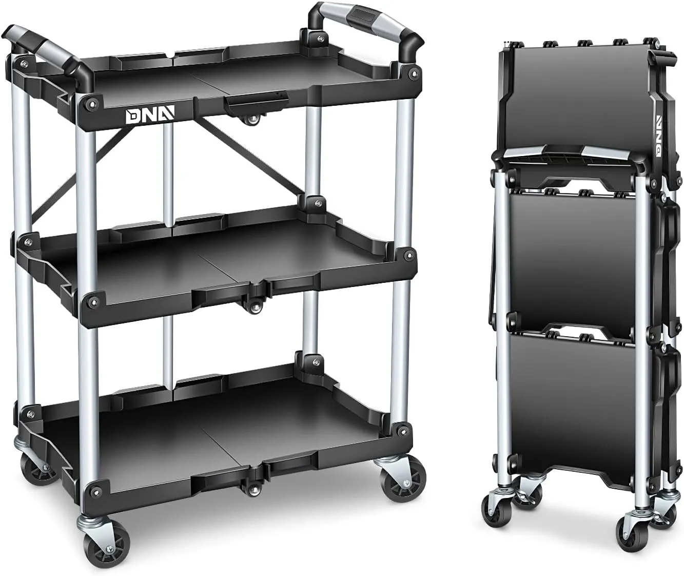 DNA MOTORING 3 Tier Folding Rolling Service Cart, 265lbs Capacity Collapsible Utility Cart for Warehouse, Workshops, Restaurants, w/ 360° Swivel Wheels, Black, Tools-00430