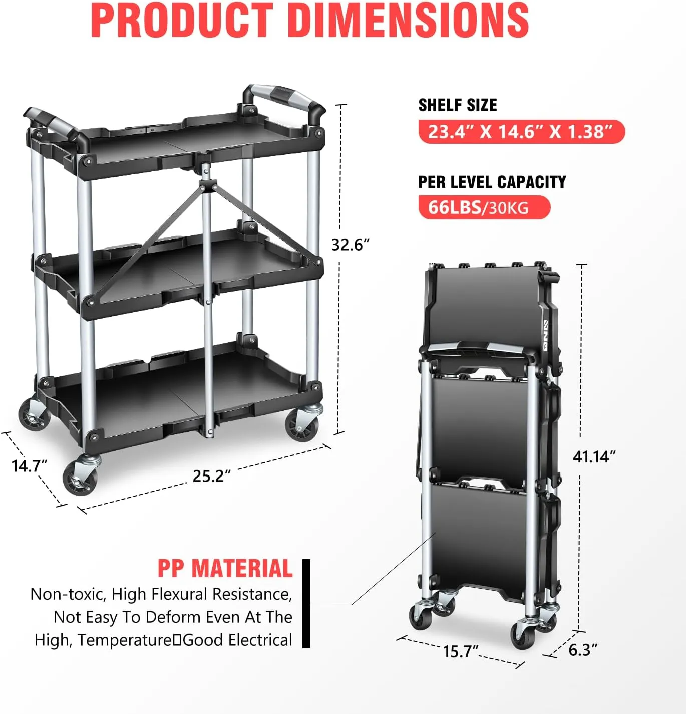 DNA MOTORING 3 Tier Folding Rolling Service Cart, 265lbs Capacity Collapsible Utility Cart for Warehouse, Workshops, Restaurants, w/ 360° Swivel Wheels, Black, Tools-00430