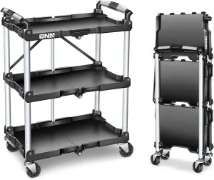 DNA MOTORING 3 Tier Folding Rolling Service Cart, 265lbs Capacity Collapsible Utility Cart for Warehouse, Workshops, Restaurants, w/ 360° Swivel Wheels, Black, Tools-00430