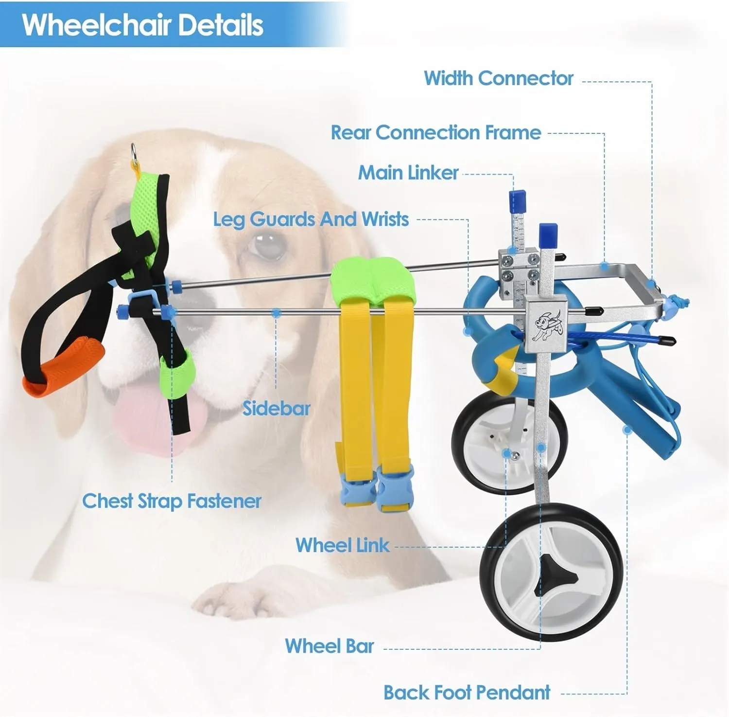 Dog Wheelchair, Mobility Aids for Small Pets Hind Limbs, 2 Wheels Dog Back Brace for Handicap Dogs, Doggie Hind Legs Rehabilitation Assisted Cart with 2m/6.6ft Leash, Aluminum Fixing Frame