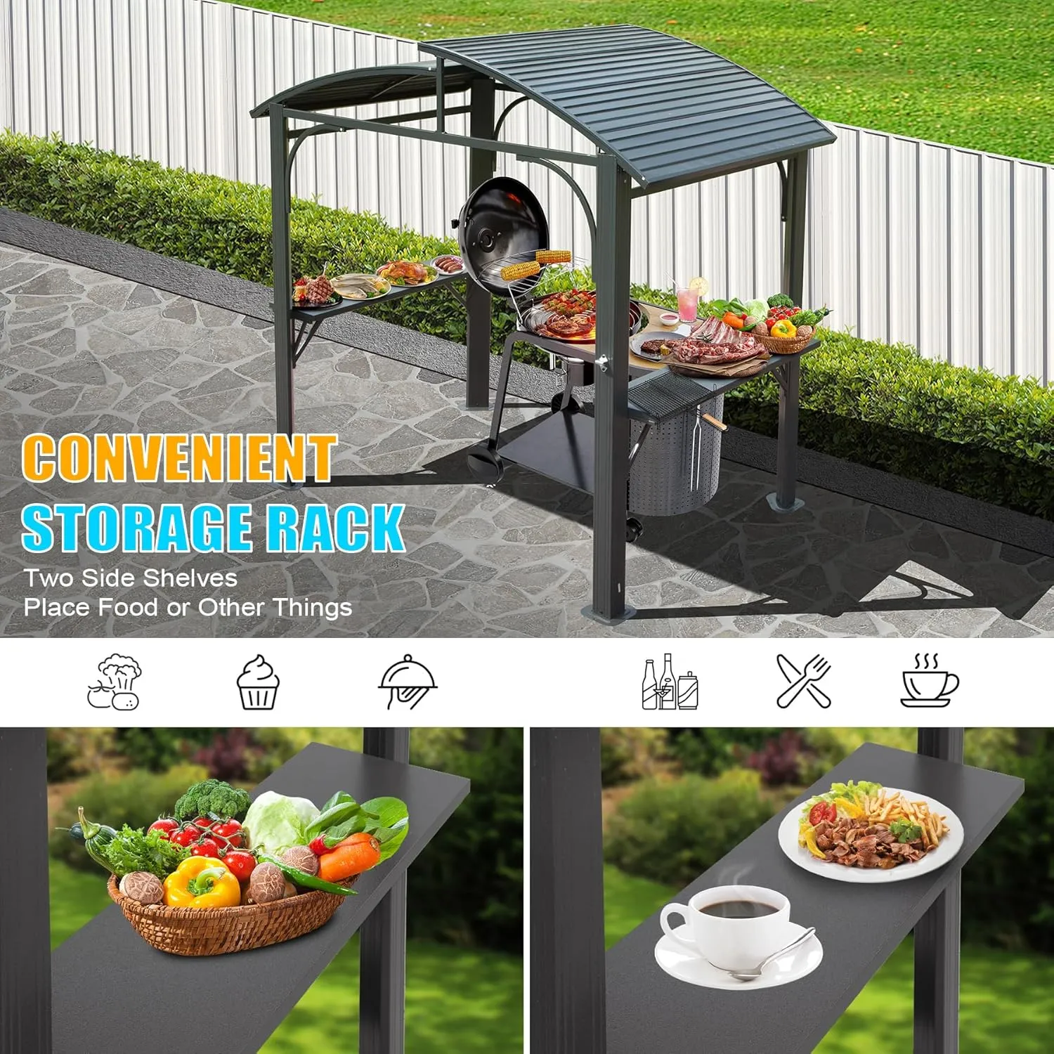 Domi Hardtop Grill Gazebo 8x5FT, Grill Canopy for Outdoor Grill w/Double Galvanized Steel Roof and 2 Side Shelves, BBQ Gazebo Grill Tent for Patio Garden Backyard, Grey