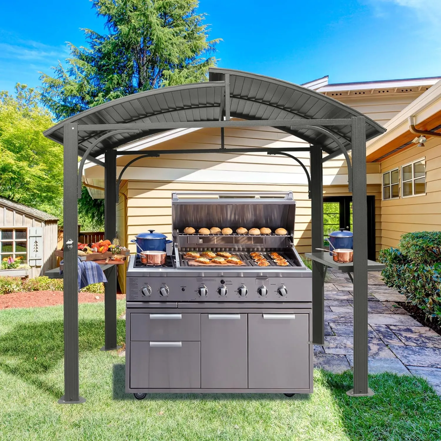 Domi Hardtop Grill Gazebo 8x5FT, Grill Canopy for Outdoor Grill w/Double Galvanized Steel Roof and 2 Side Shelves, BBQ Gazebo Grill Tent for Patio Garden Backyard, Grey