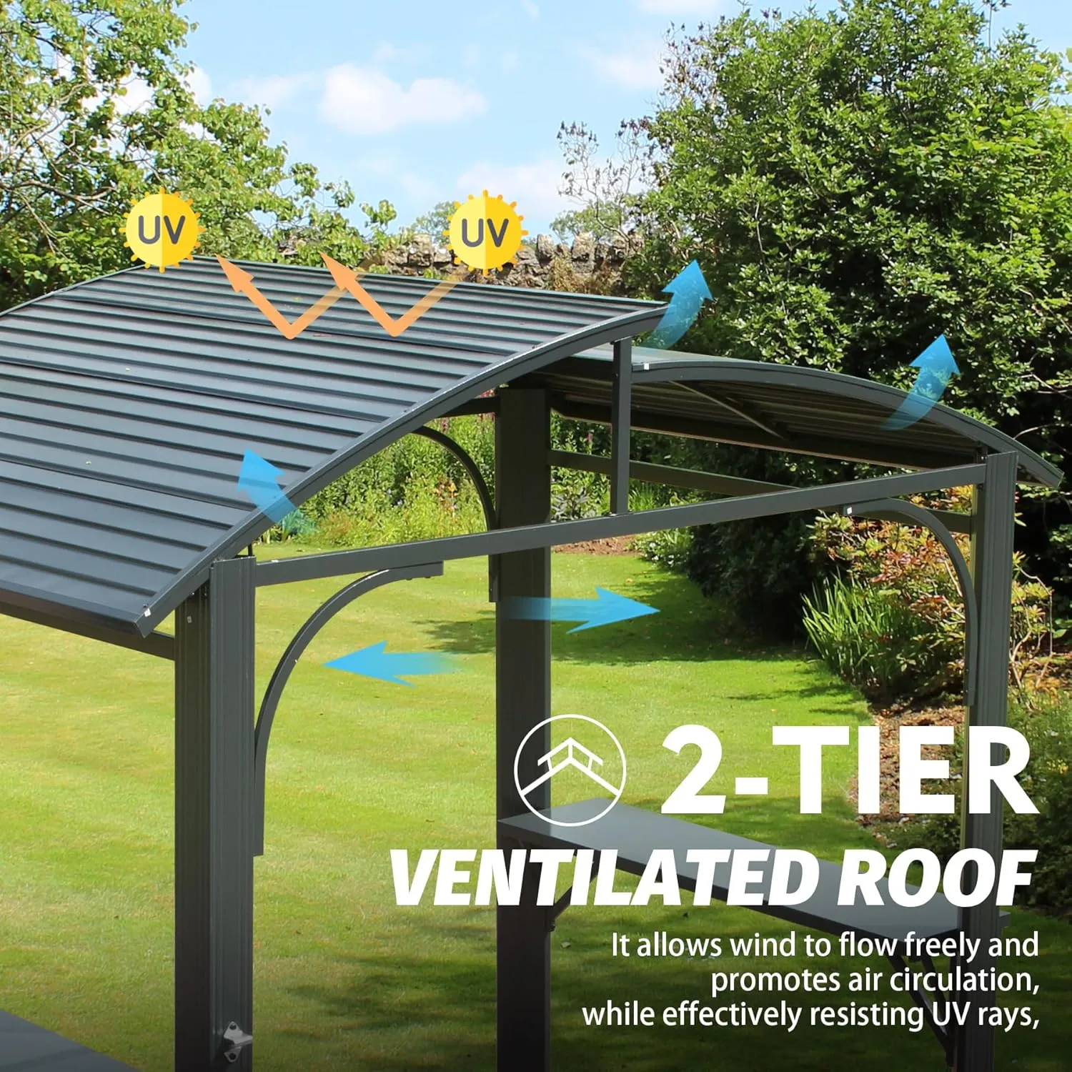 Domi Hardtop Grill Gazebo 8x5FT, Grill Canopy for Outdoor Grill w/Double Galvanized Steel Roof and 2 Side Shelves, BBQ Gazebo Grill Tent for Patio Garden Backyard, Grey