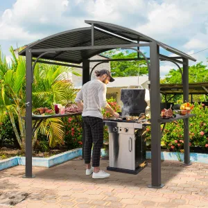 Domi Hardtop Grill Gazebo 8x5FT, Grill Canopy for Outdoor Grill w/Double Galvanized Steel Roof and 2 Side Shelves, BBQ Gazebo Grill Tent for Patio Garden Backyard, Grey