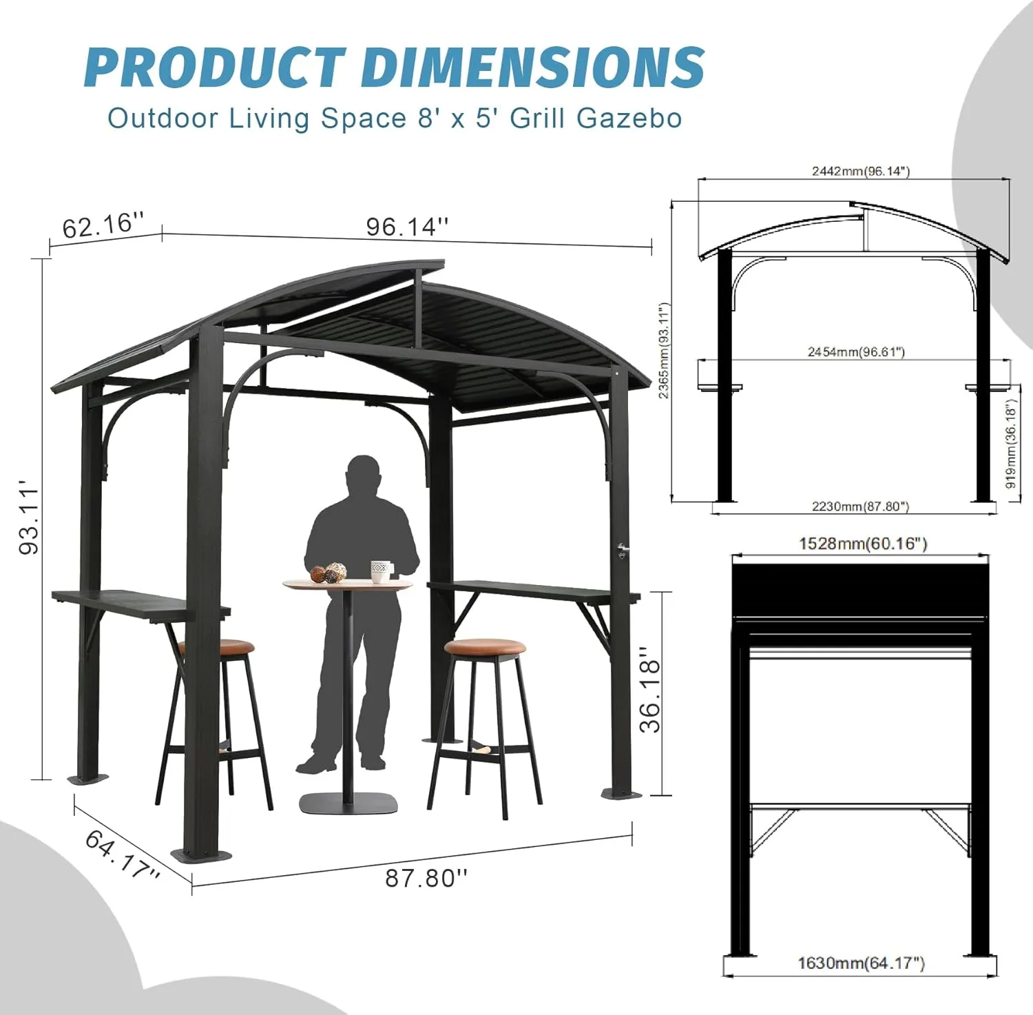 Domi Hardtop Grill Gazebo 8x5FT, Grill Canopy for Outdoor Grill w/Double Galvanized Steel Roof and 2 Side Shelves, BBQ Gazebo Grill Tent for Patio Garden Backyard, Grey