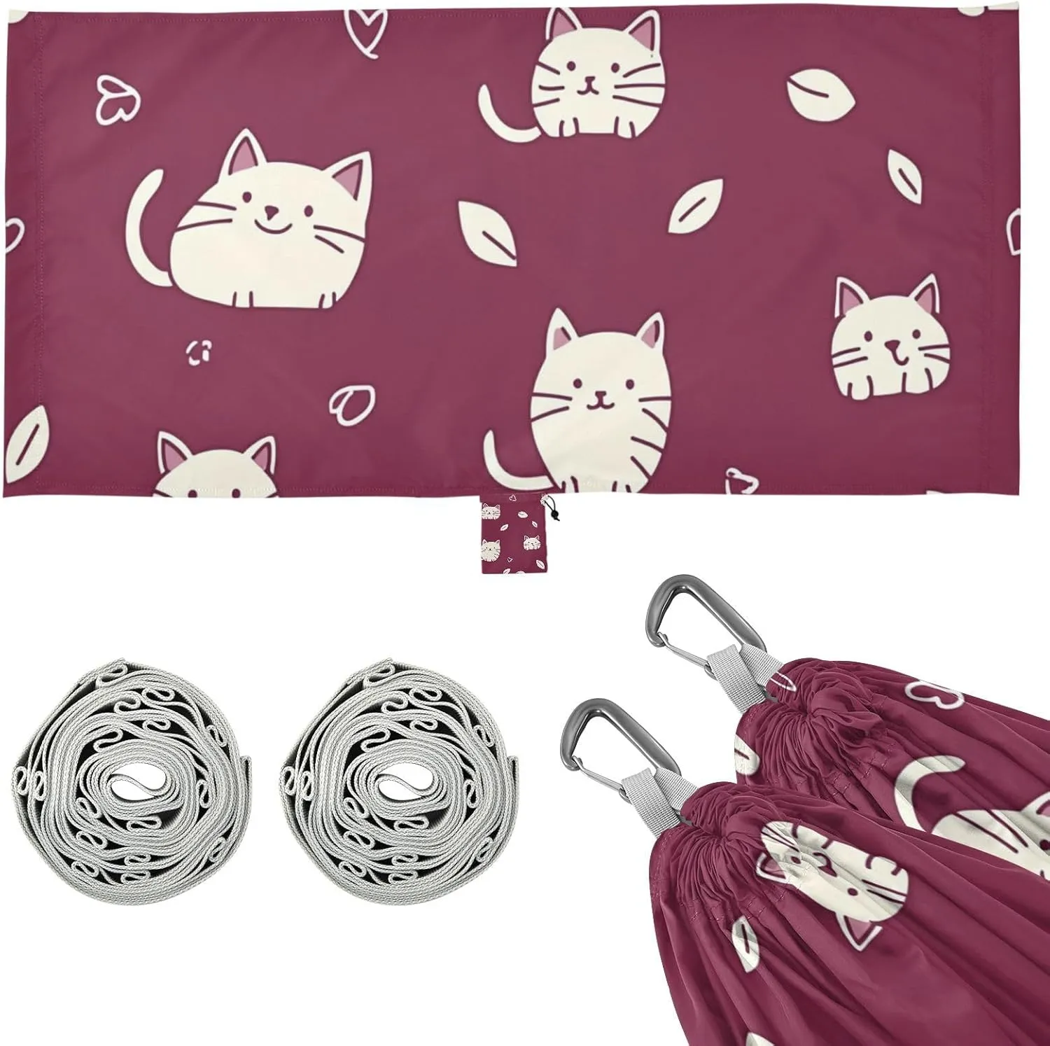 Doodle Style Cat Burgundy Camping Hammock Rope Hammock for Patio Backyard Lounge Base