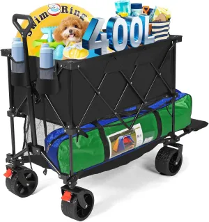Double Decker Wagon 600LBS Capacity & 400L Collapsible Cart, Heavy Duty Foldable Utility Wagon with All-Terrain Big Wheels for Camping, Beach, Grocery, Sports
