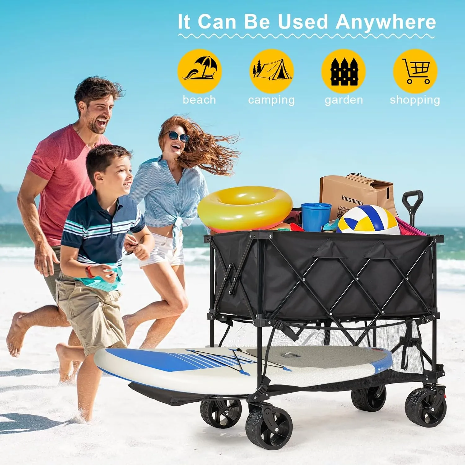 Double Decker Wagon 600LBS Capacity & 400L Collapsible Cart, Heavy Duty Foldable Utility Wagon with All-Terrain Big Wheels for Camping, Beach, Grocery, Sports