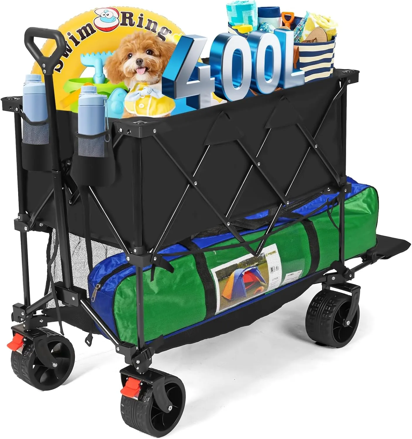 Double Decker Wagon 600LBS Capacity & 400L Collapsible Cart, Heavy Duty Foldable Utility Wagon with All-Terrain Big Wheels for Camping, Beach, Grocery, Sports