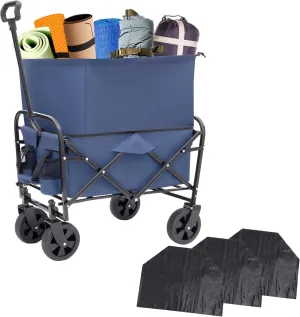 Double Decker Wagon Collapsible Cart with Wheels, Foldable Wagon for Beach Gardening and Picnics, Yard Grocery Cart with 3pcs Plastic Liner Bag/Cover and 360° Rotating Wheels(Blue)