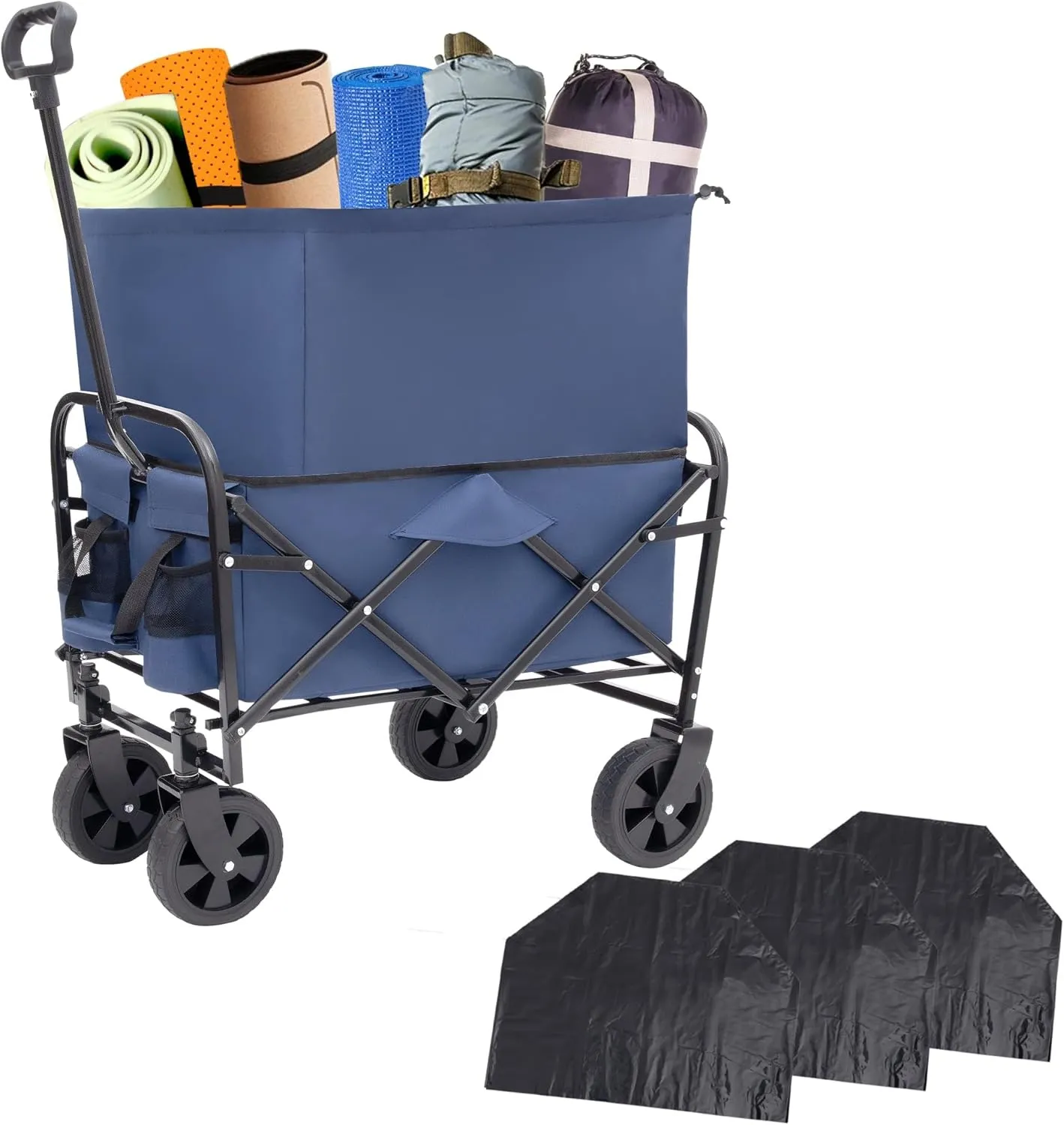 Double Decker Wagon Collapsible Cart with Wheels, Foldable Wagon for Beach Gardening and Picnics, Yard Grocery Cart with 3pcs Plastic Liner Bag/Cover and 360° Rotating Wheels(Blue)