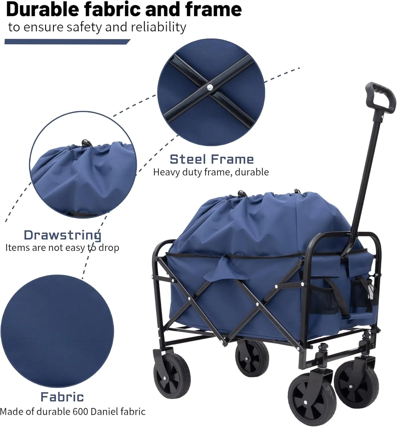 Double Decker Wagon Collapsible Cart with Wheels, Foldable Wagon for Beach Gardening and Picnics, Yard Grocery Cart with 3pcs Plastic Liner Bag/Cover and 360° Rotating Wheels(Blue)