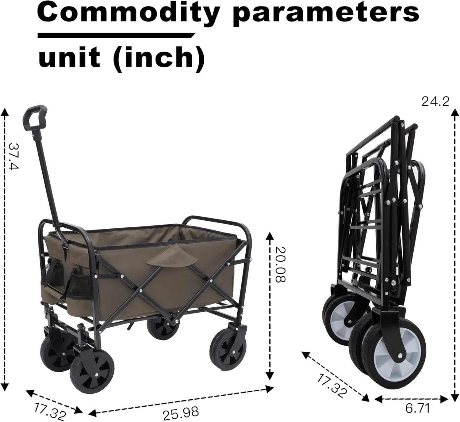 Double Decker Wagon with 2 Cup Holder, Collapsible Cart with 6'' Wheels, Grocery Shopping Utility Wagon with 3 Plastic Liner Bags, for Gardening Picnics and Beach Days(Gray)