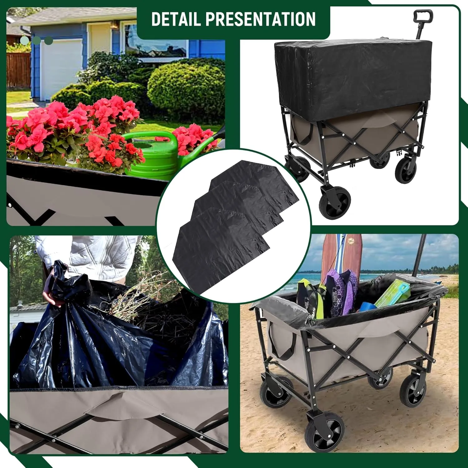 Double Decker Wagon with 2 Cup Holder, Collapsible Cart with 6'' Wheels, Grocery Shopping Utility Wagon with 3 Plastic Liner Bags, for Gardening Picnics and Beach Days(Gray)