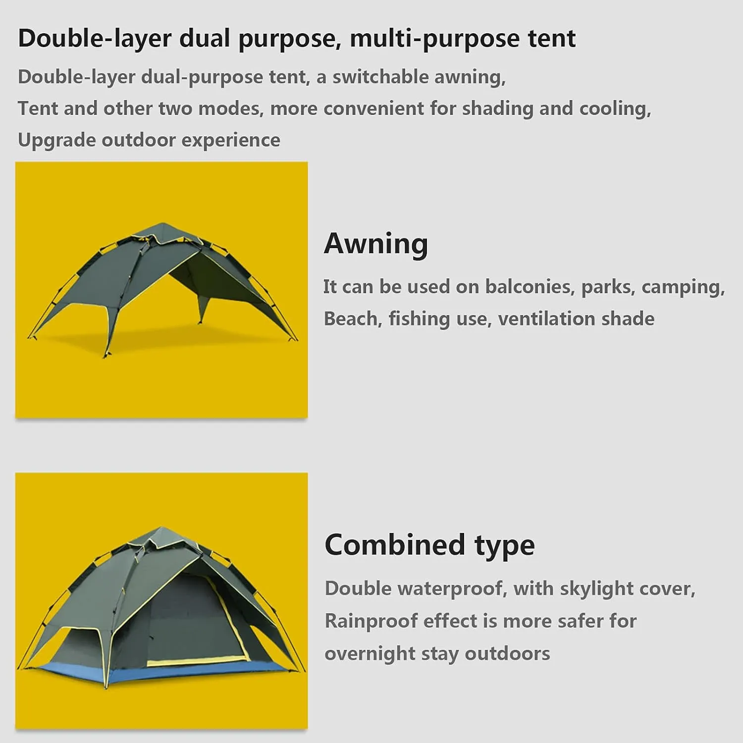 Double-Layer Fast Tent,Double-Door Multi-Function Family Picnic Camping Hiking Tent That Accommodate 2-3 People, Rain-Proof Sun-Proof Beach Awning
