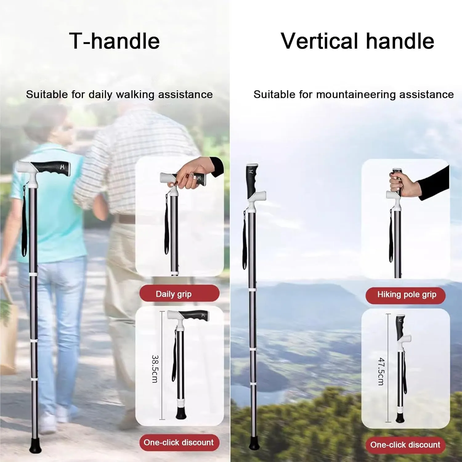 Dual-Purpose Hiking Pole Four-Section Telescopic Hiking Crutch for Hiking Mountaineering Trail Travel Storage Size 15.1" Cane