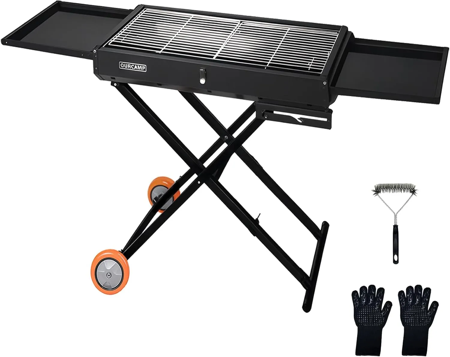 Dual-purpose Outdoor BBQ Charcoal Grill with Side Table, Foldable Cart Table with Wheels for Outdoor Backyard, Patio and Parties (Dustproof Gray)