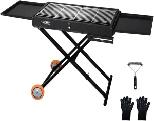 Dual-purpose Outdoor BBQ Charcoal Grill with Side Table, Foldable Cart Table with Wheels for Outdoor Backyard, Patio and Parties (Dustproof Gray)