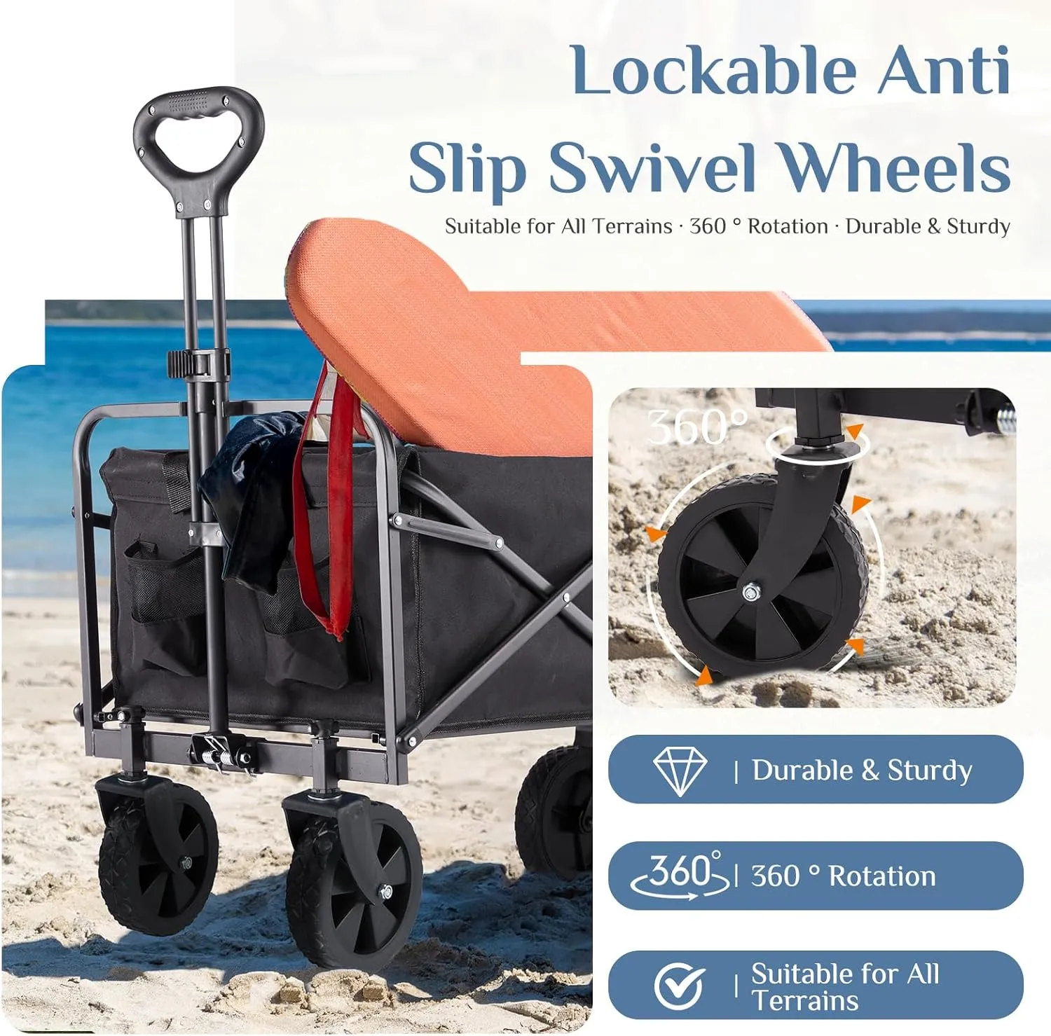 DUMOS Foldable Wagons Carts with All-Terrain Wheels, 120L & 360LBS Portable Garden Wagon Large Capacity Utility Cart with Drink Holders, Heavy Duty Collapsible for Sand, Beach, Gardening (30IN Black)