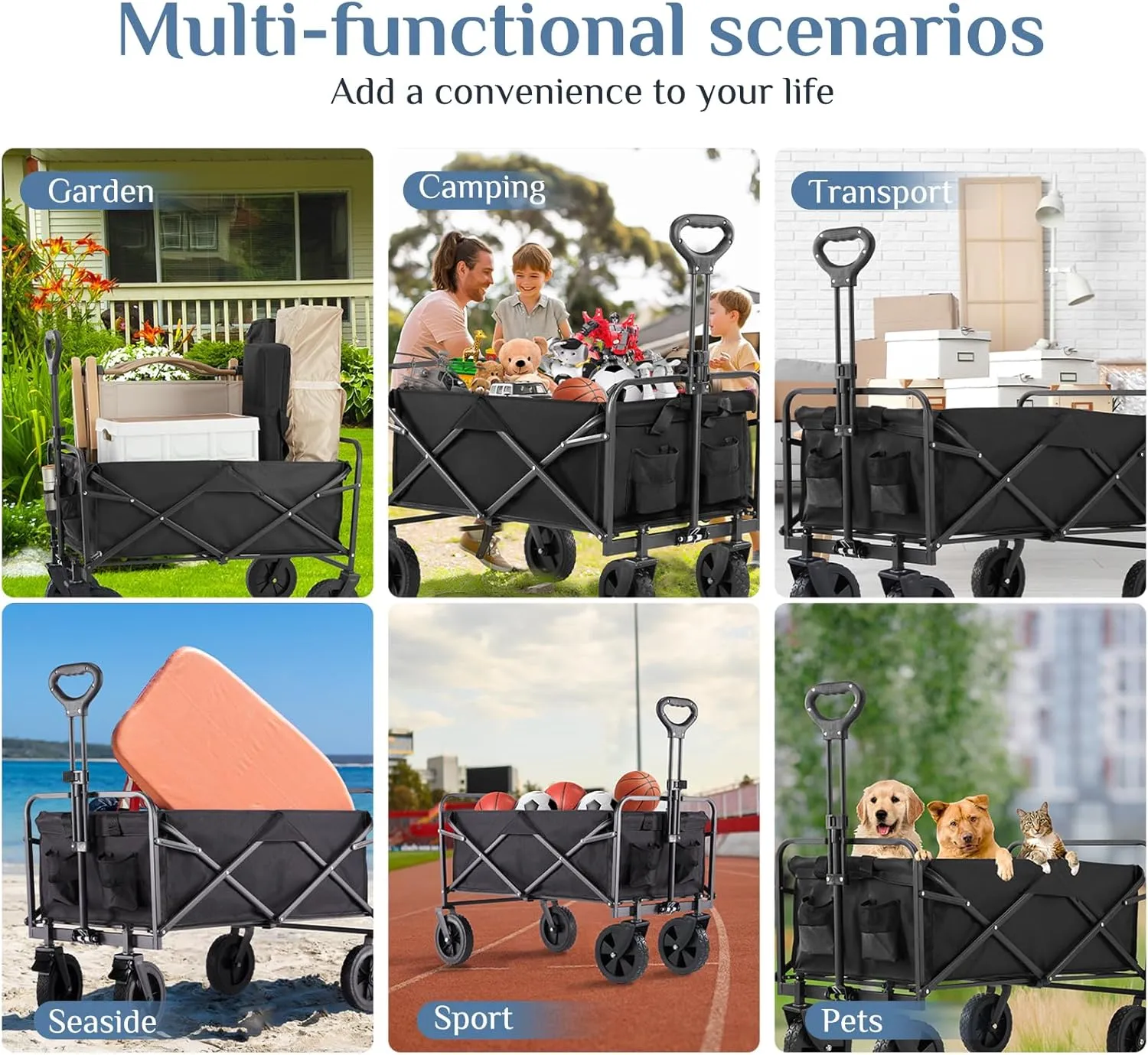 DUMOS Foldable Wagons Carts with All-Terrain Wheels, 120L & 360LBS Portable Garden Wagon Large Capacity Utility Cart with Drink Holders, Heavy Duty Collapsible for Sand, Beach, Gardening (30IN Black)